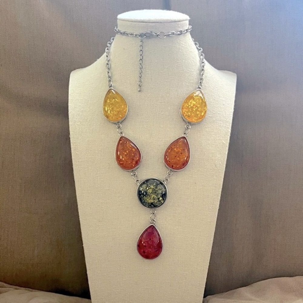Teardrop Necklace Faux Baltic Amber in Fall Colors Sun Catching Multicolor Beads - Picture 2 of 8